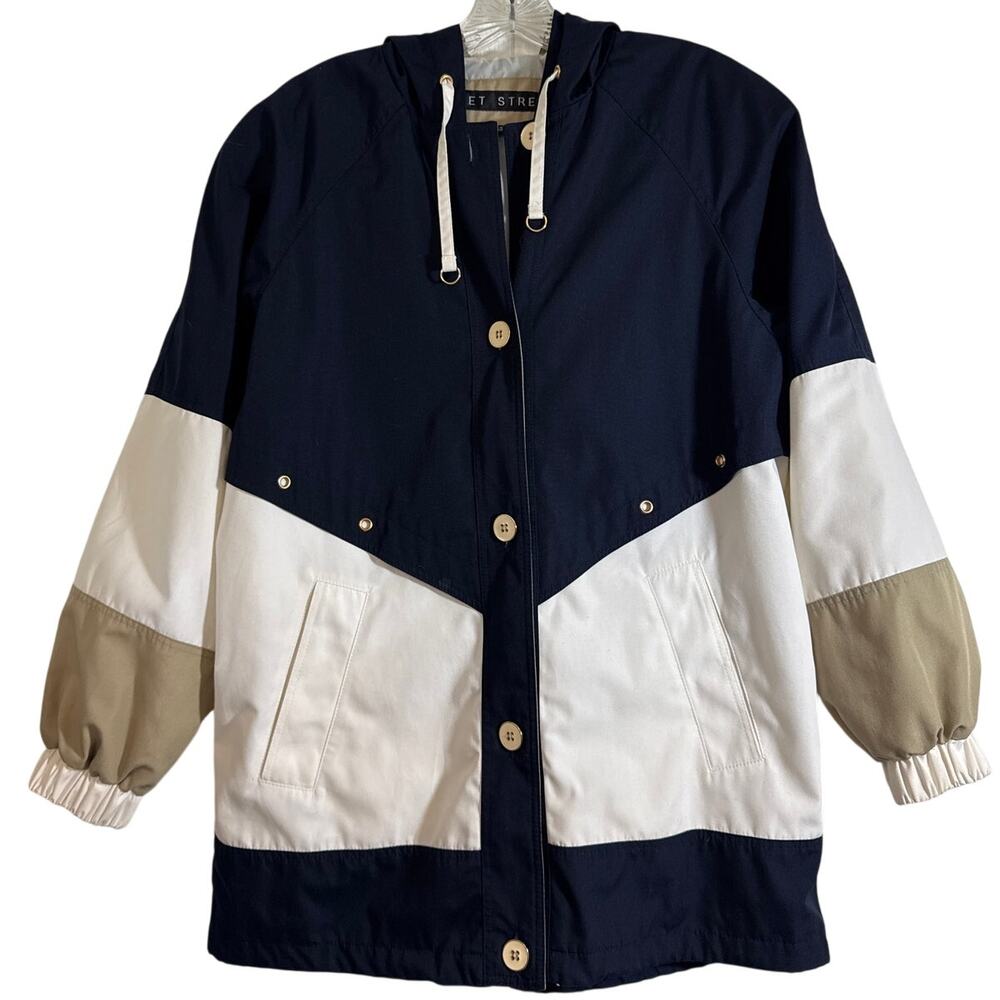 Fleet Street Small Navy White Tan Lined Hooded Full Zip Gold Rivet Accent Jacket